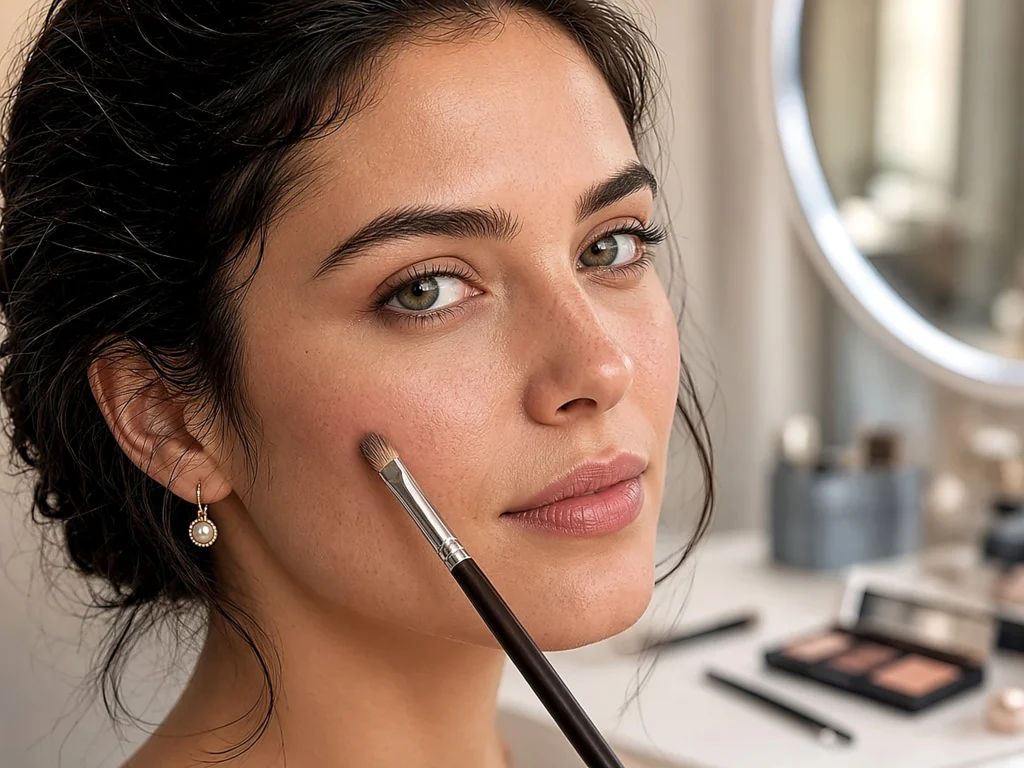 Close-up analisi del viso e make-up con pennello — consulente immagine Treviso