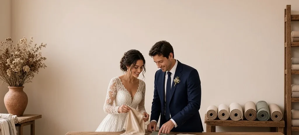 Sposa in abito bianco e sposo in completo scelgono tessuti e palette del matrimonio in atelier a Treviso