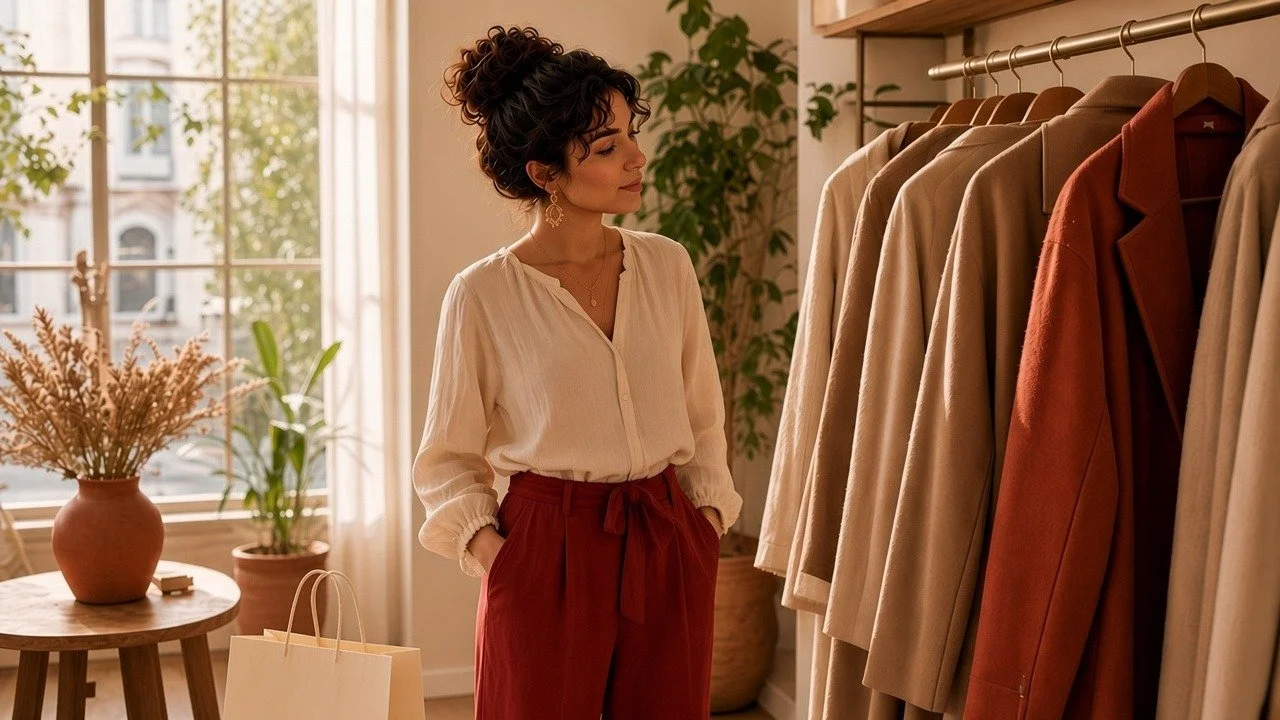 Personal shopping in boutique: scelta cappotti con shopping bag